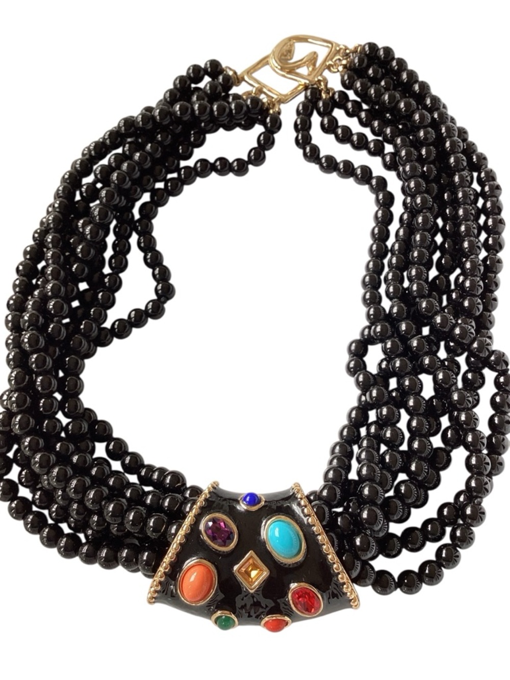Vintage KJL Black Glass Beaded Enamel Necklace - Picture 2 of 4